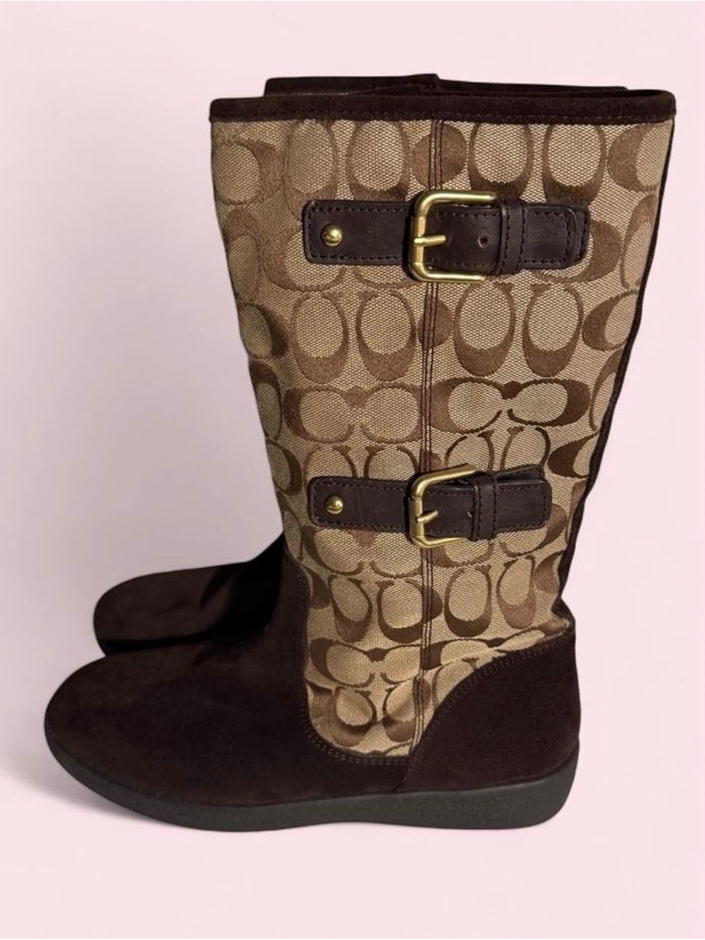 Coach Brown Logo Canvas and Suede Wedge Knee Boots
